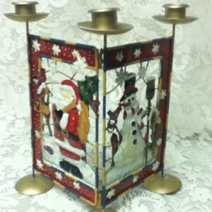 Beautiful, Cut Metal-3D Santa-Snowman Folding Candle Stand 11in x 9.5in