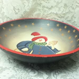 Large, 12in x 3.5in Christmas Snowman Painted Wooden Bowl