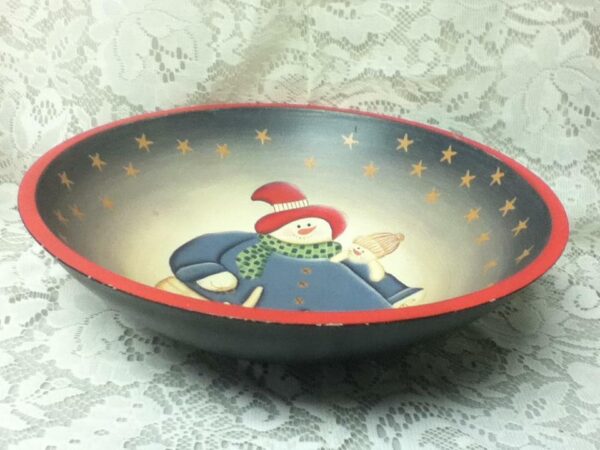 Large, 12in x 3.5in Christmas Snowman Painted Wooden Bowl