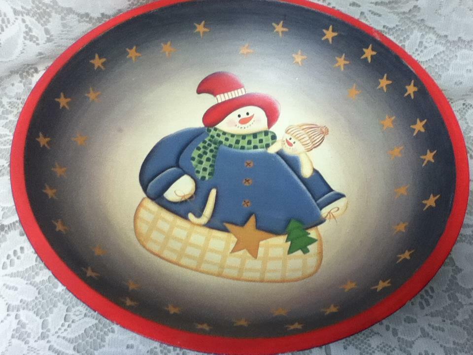 Large, 12in x 3.5in Christmas Snowman Painted Wooden Bowl