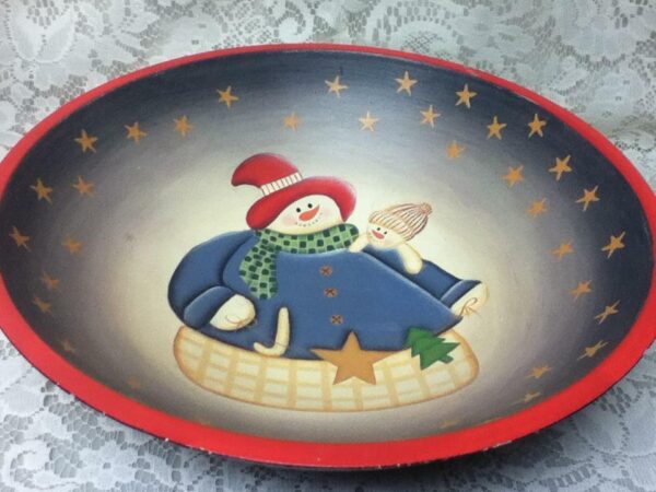 Large, 12in x 3.5in Christmas Snowman Painted Wooden Bowl