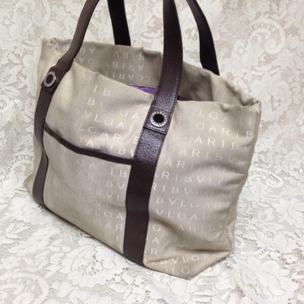 Authentic, Bvlgari Beige Canvas Brown Leather ShoulderBag 10in x 13in x 5in