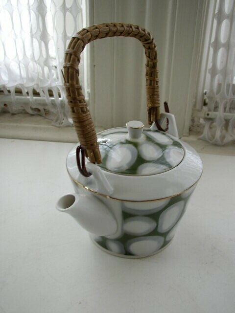 Vintage, 3.5in x 5.5in Child’s Porcelain Teapot with Wicker Handle