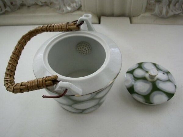 Vintage, 3.5in x 5.5in Child's Porcelain Teapot with Wicker Handle