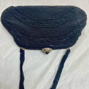 Vintage, Richere, Black Beaded Evening Bag with Rhinestones Clasp 6in x 9in