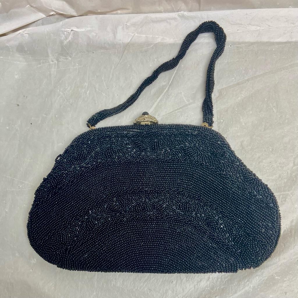 Vintage, Richere, Black Beaded Evening Bag with Rhinestones Clasp 6in x 9in