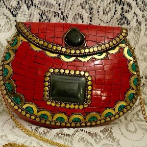 Red Faux Coral Tiles Metal Purse Crossbody 7.5in x 5.5in x 2in