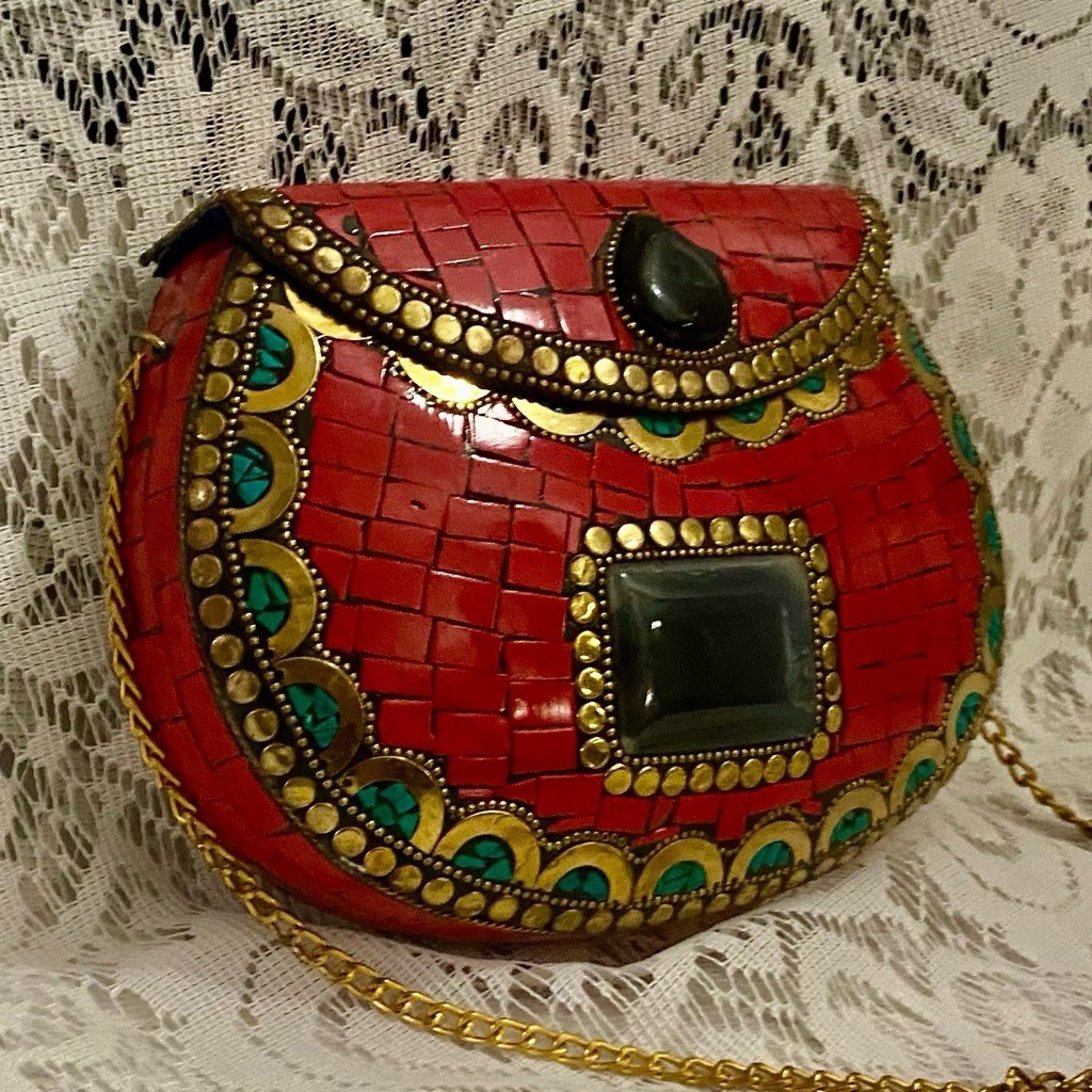 Red Faux Coral Tiles Metal Purse Crossbody 7.5in x 5.5in x 2in
