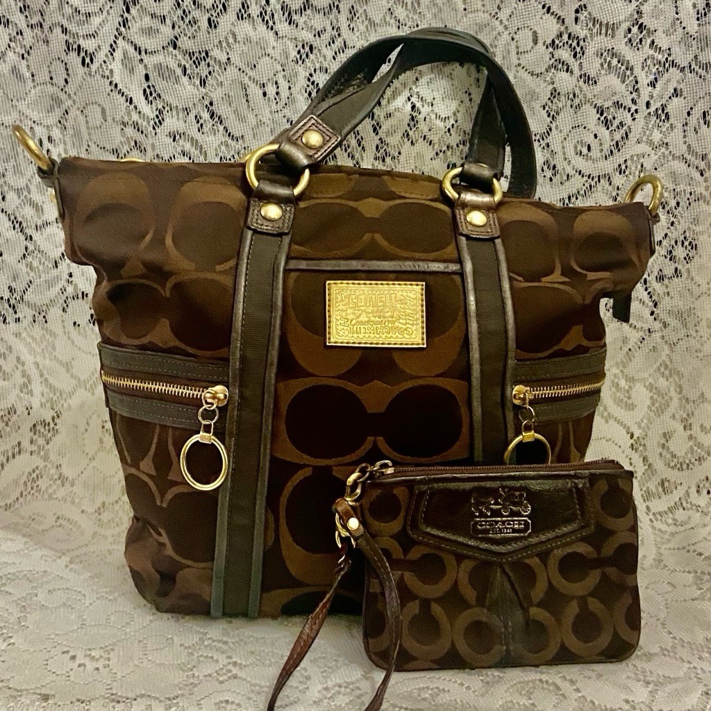 Coach- 13843 Poppy Brown Signature- Hobo Tote and Wristlet Set (2009)