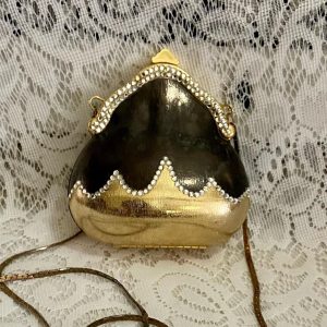 Vintage, Gold-Black Clam Shell Metal Purse- Crossbody 5in x 5in c 2in
