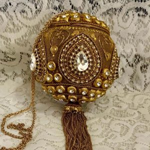 Vintage, Gold Round Metal Purse with Fringes-Evening Shoulder Bag