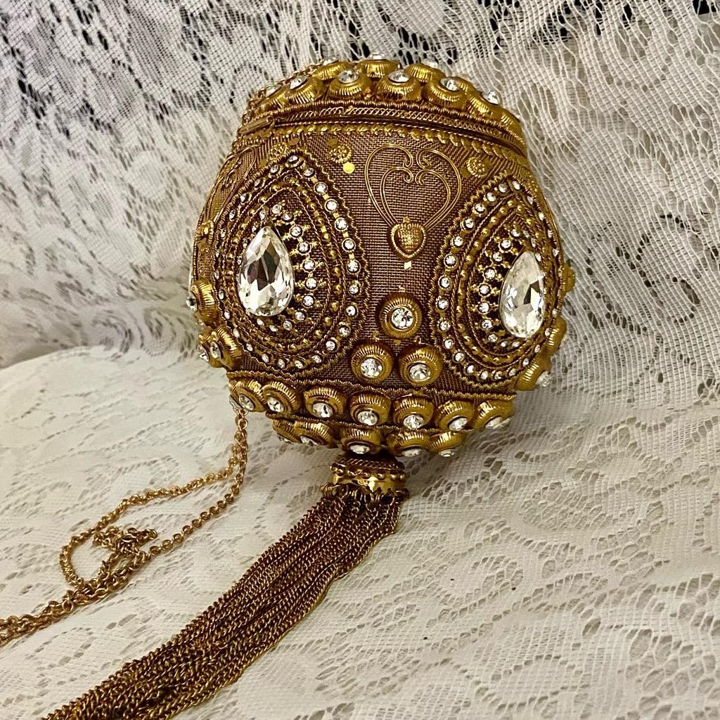 Vintage, Gold Round Metal Purse with Fringes-Evening Shoulder Bag