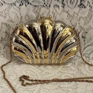Vintage Gold Clamshell with Rhinestones Evening Metal Purse- Crossbody Bag 6.5in