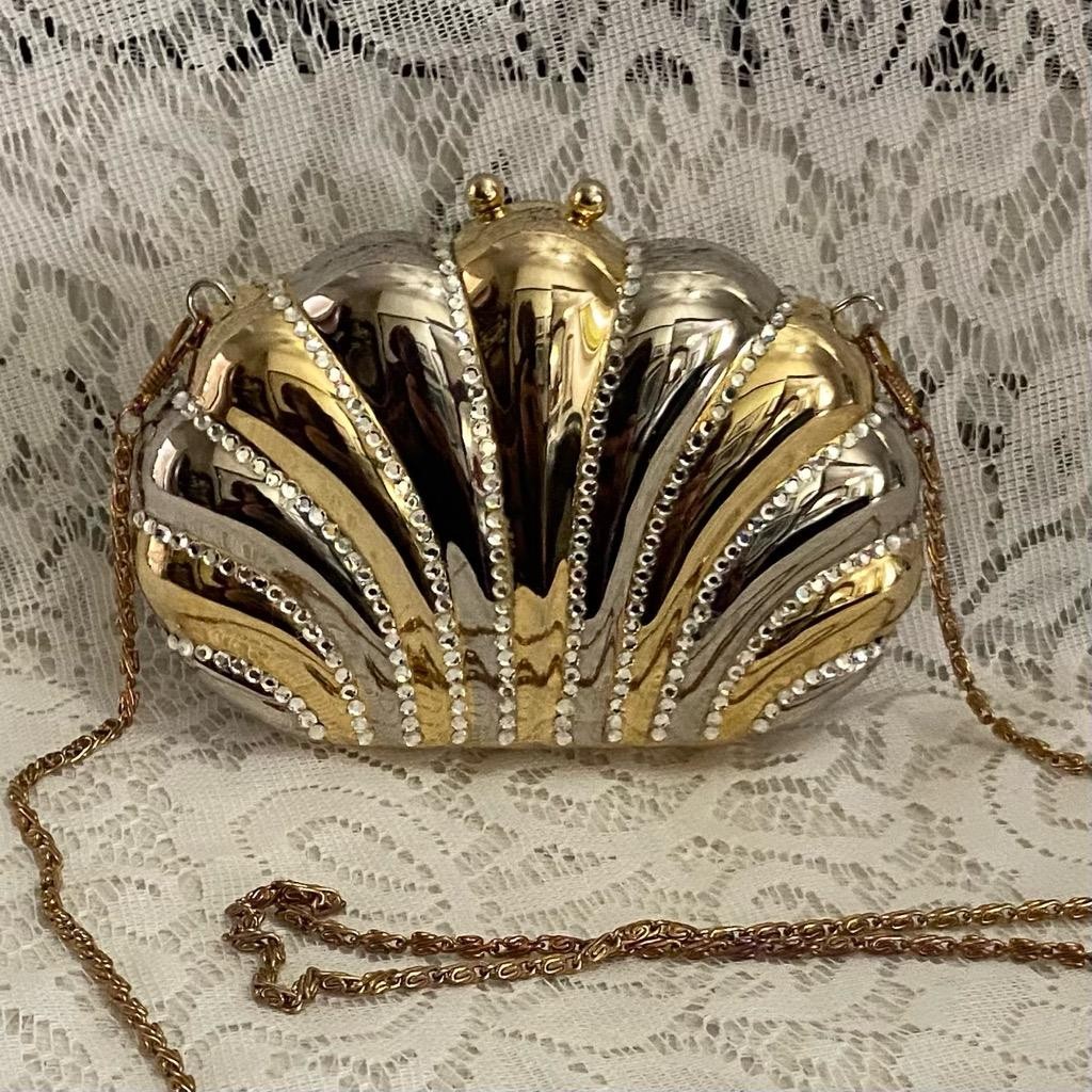 Vintage Gold Clamshell with Rhinestones Evening Metal Purse- Crossbody Bag 6.5in