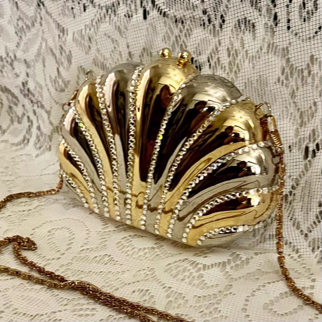 Vintage Gold Clamshell with Rhinestones Evening Metal Purse- Crossbody Bag 6.5in