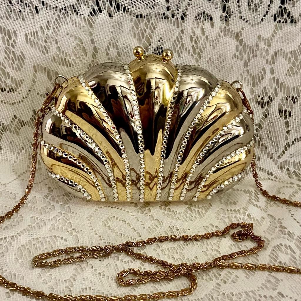 Vintage Gold Clamshell with Rhinestones Evening Metal Purse- Crossbody Bag 6.5in
