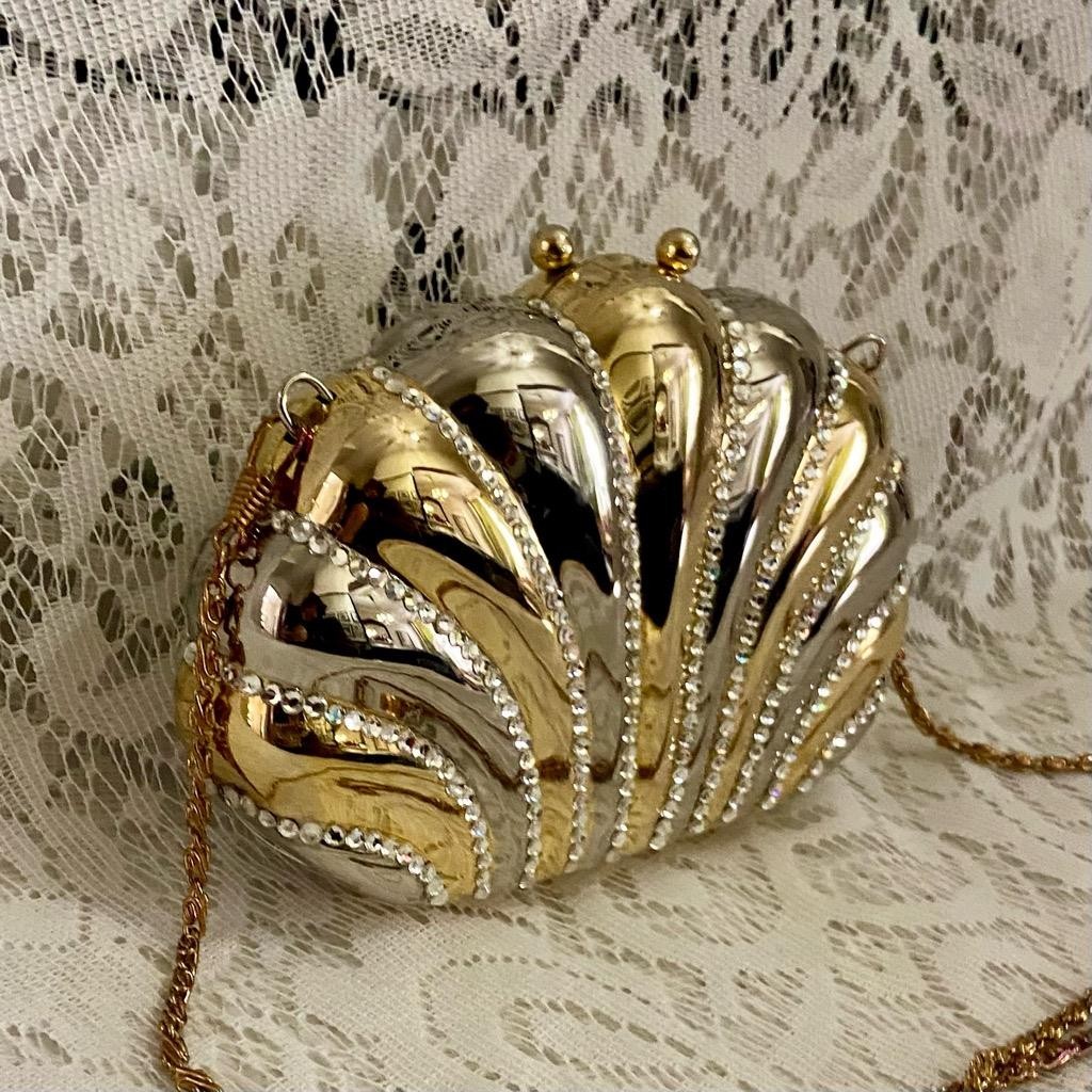 Vintage Gold Clamshell with Rhinestones Evening Metal Purse- Crossbody Bag 6.5in