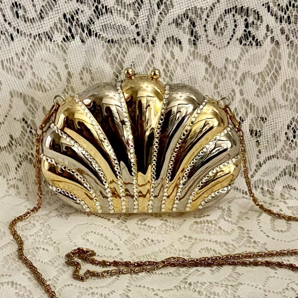 Vintage Gold Clamshell with Rhinestones Evening Metal Purse- Crossbody Bag 6.5in