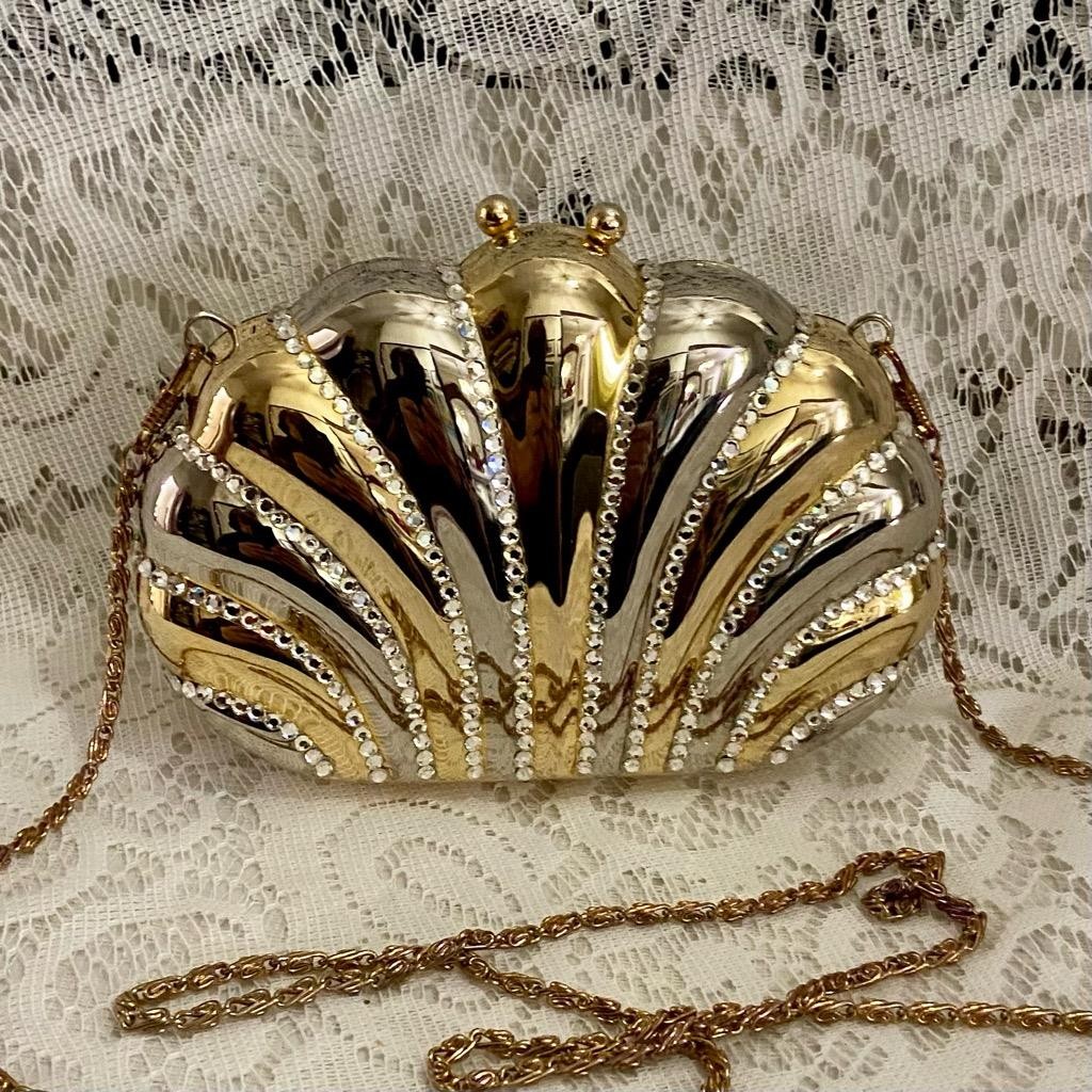 Vintage Gold Clamshell with Rhinestones Evening Metal Purse- Crossbody Bag 6.5in