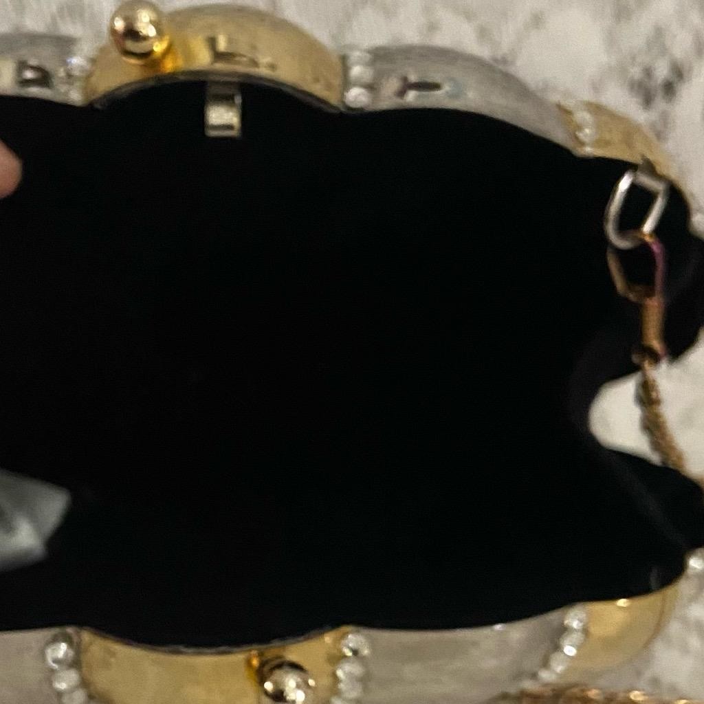 Vintage Gold Clamshell with Rhinestones Evening Metal Purse- Crossbody Bag 6.5in
