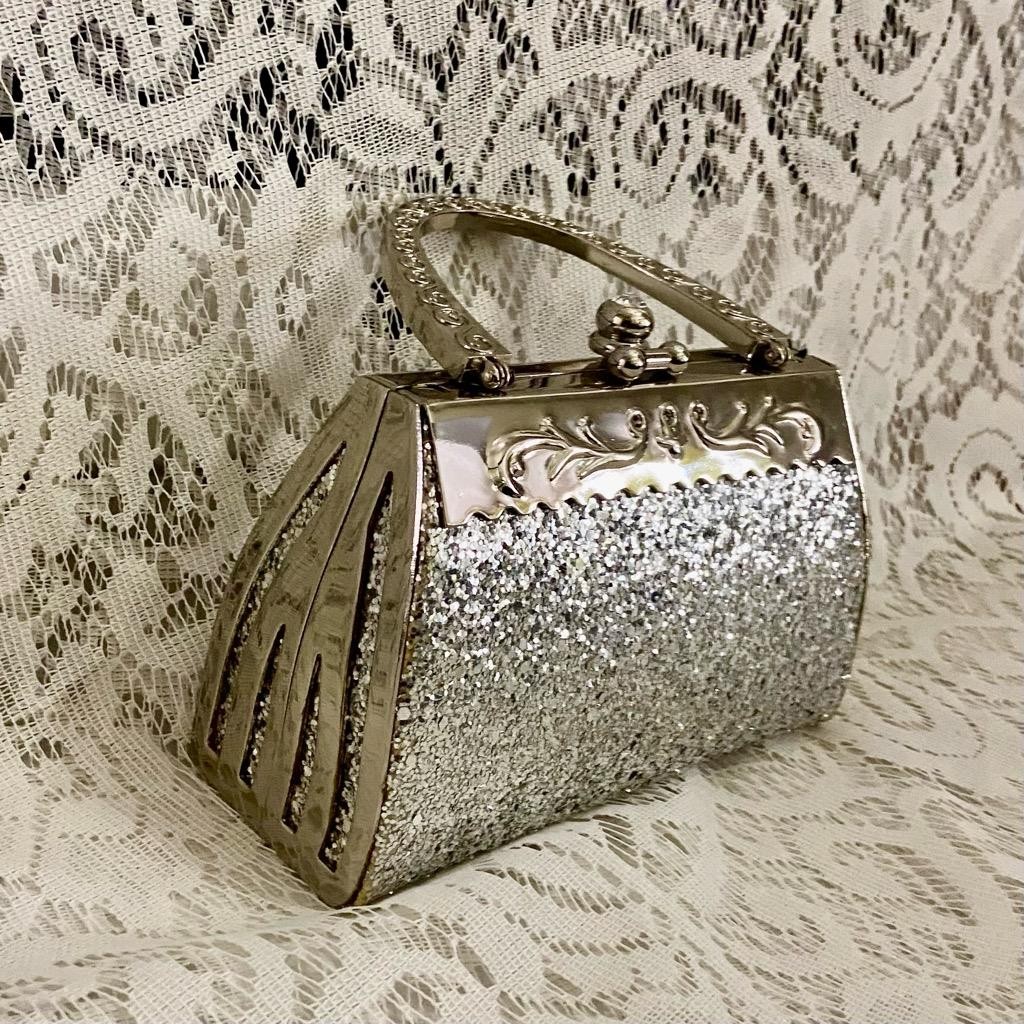 Vintage, Boxy Silver-Glitter Satchel 6.5in x 4.5in x 2.5in