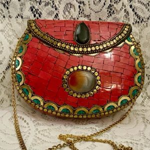 Red Faux Coral Tiles Metal Purse- Crossbody 7.5in x 5.5in x 2in
