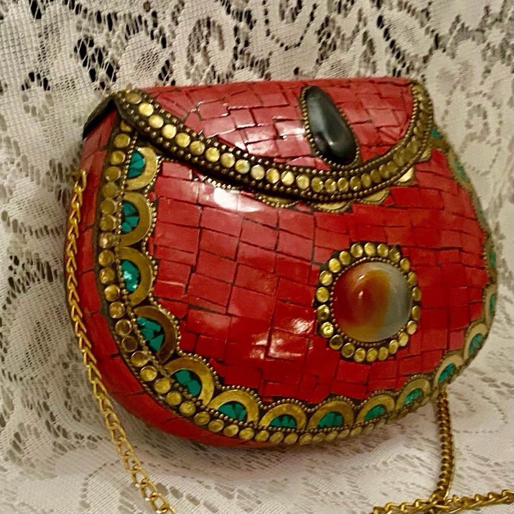 Red Faux Coral Tiles Metal Purse- Crossbody 7.5in x 5.5in x 2in