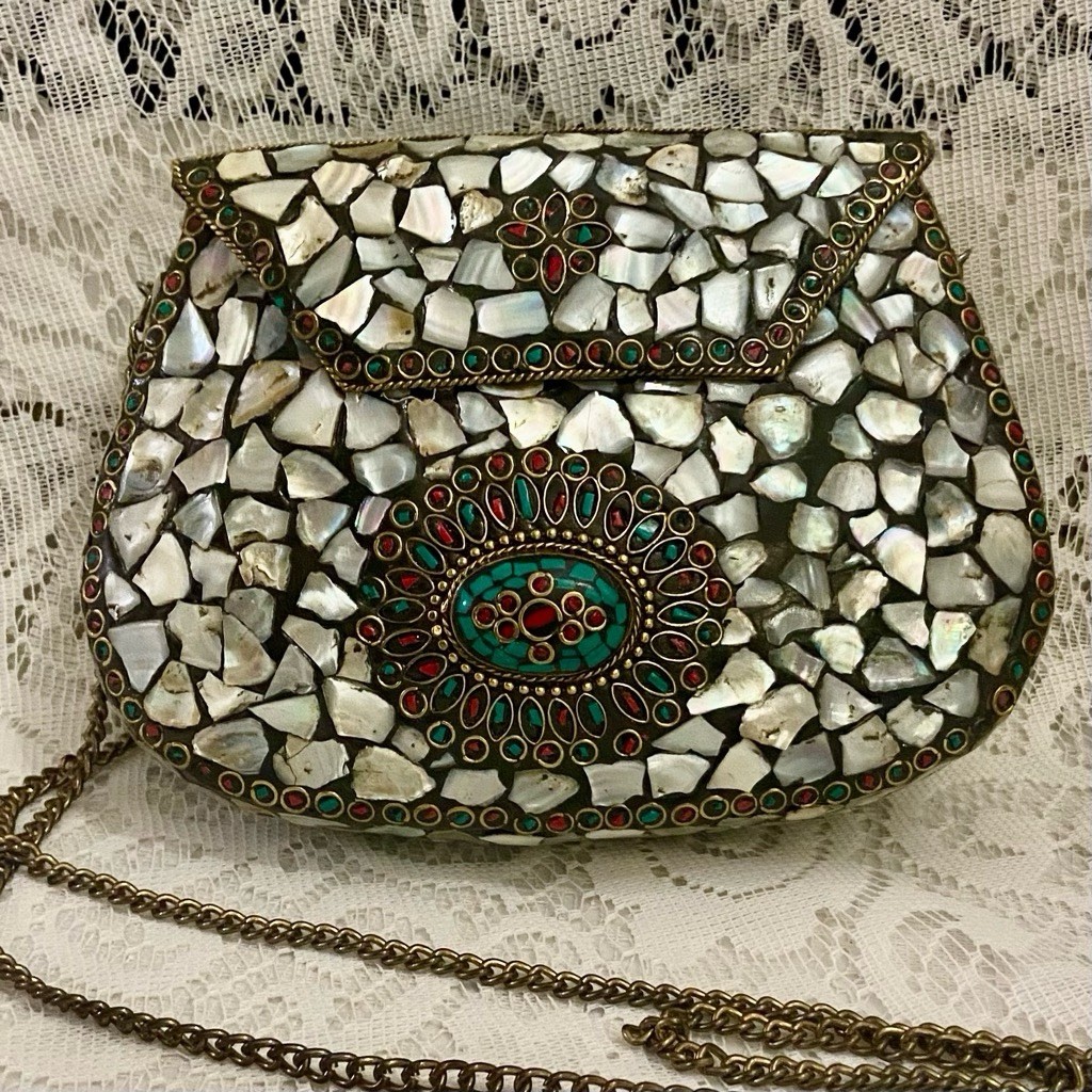 Abalone Shards Metal Purse- Crossbody 7.5in x 5.5in x 2in