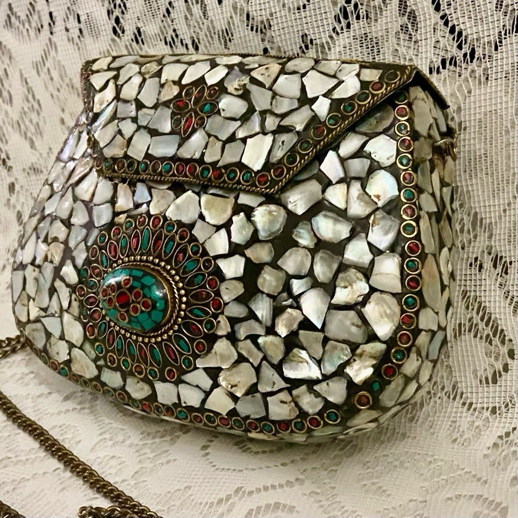 Abalone Shards Metal Purse- Crossbody 7.5in x 5.5in x 2in