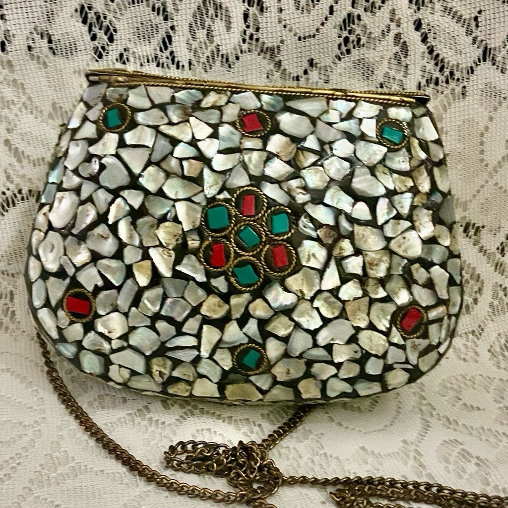 Abalone Shards Metal Purse- Crossbody 7.5in x 5.5in x 2in