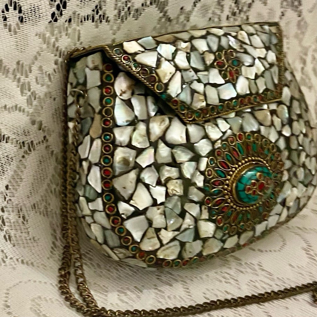 Abalone Shards Metal Purse- Crossbody 7.5in x 5.5in x 2in