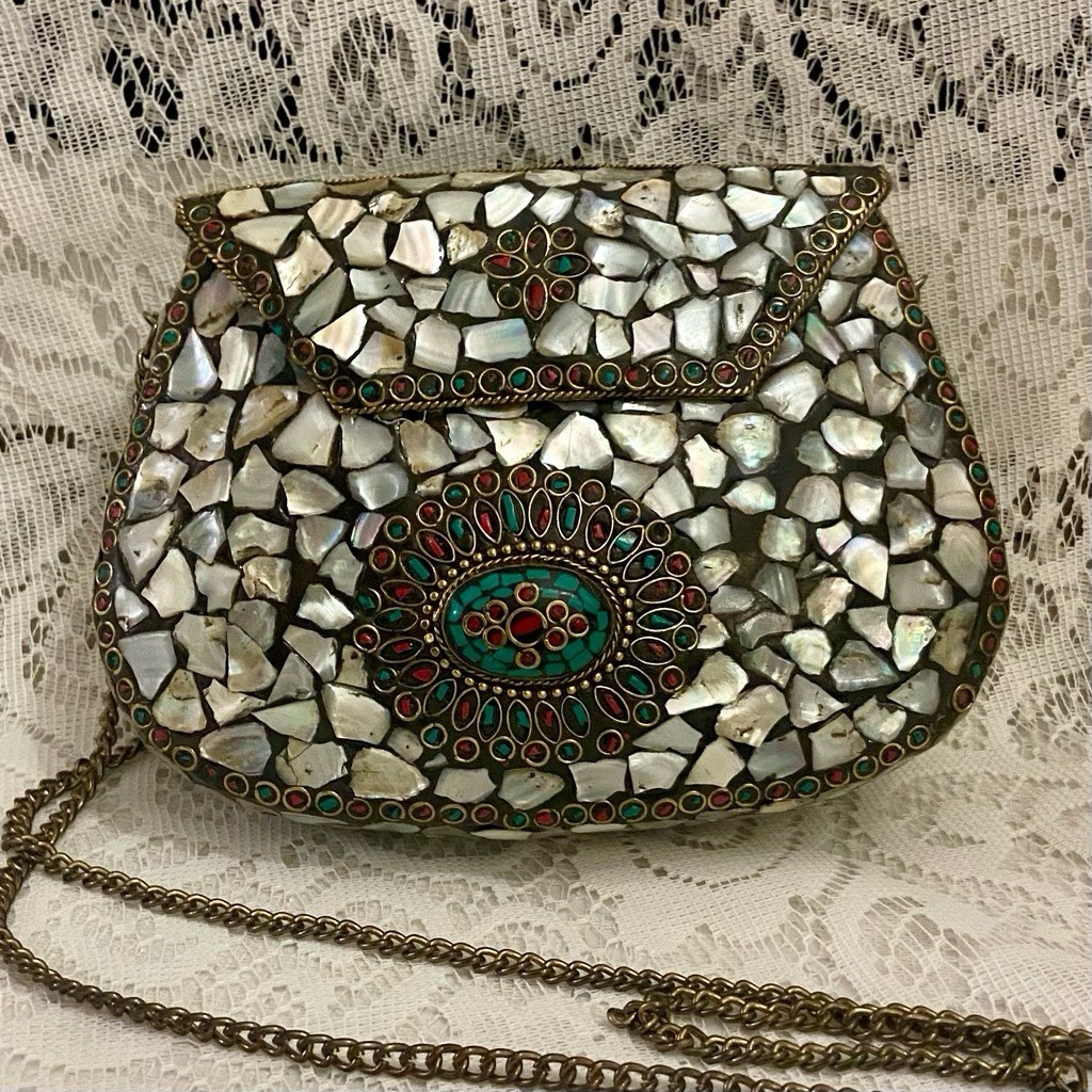 Abalone Shards Metal Purse- Crossbody 7.5in x 5.5in x 2in