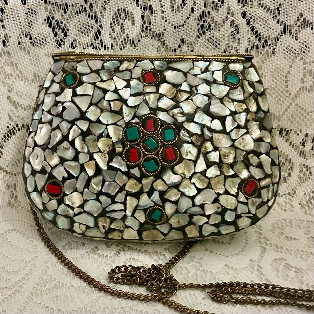 Abalone Shards Metal Purse- Crossbody 7.5in x 5.5in x 2in
