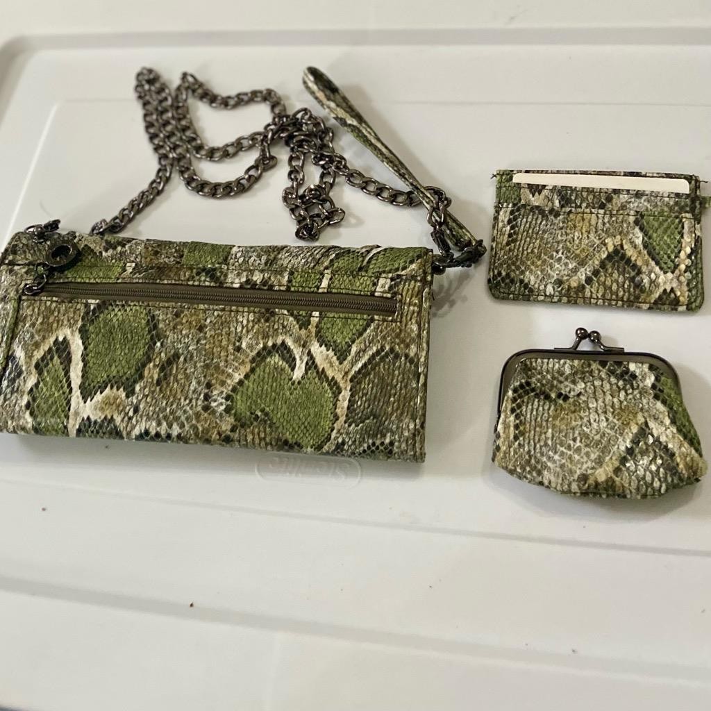3-pc Set Faux Snakeskin Clutch Crossbody with Coin Purse and ID Card Wallet
