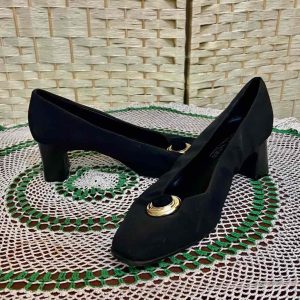 Villager -Liz Claiborne, Black, Gold Buckle High Heel Shoes- Size 8