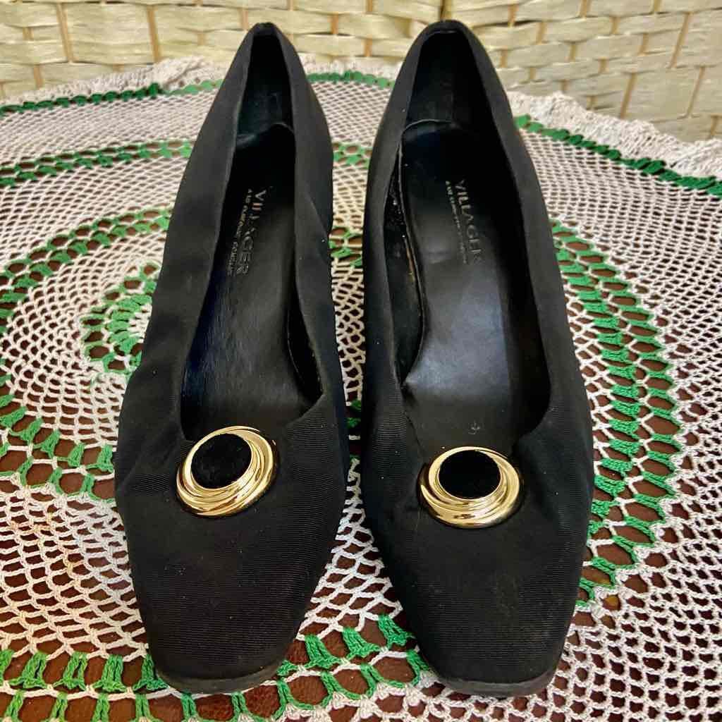 Villager -Liz Claiborne, Black, Gold Buckle High Heel Shoes- Size 8