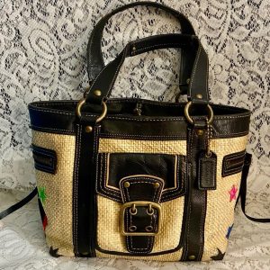 Coach Legacy 113, Beige Straw- Black Leather Trim Satchel- Shoulder Bag