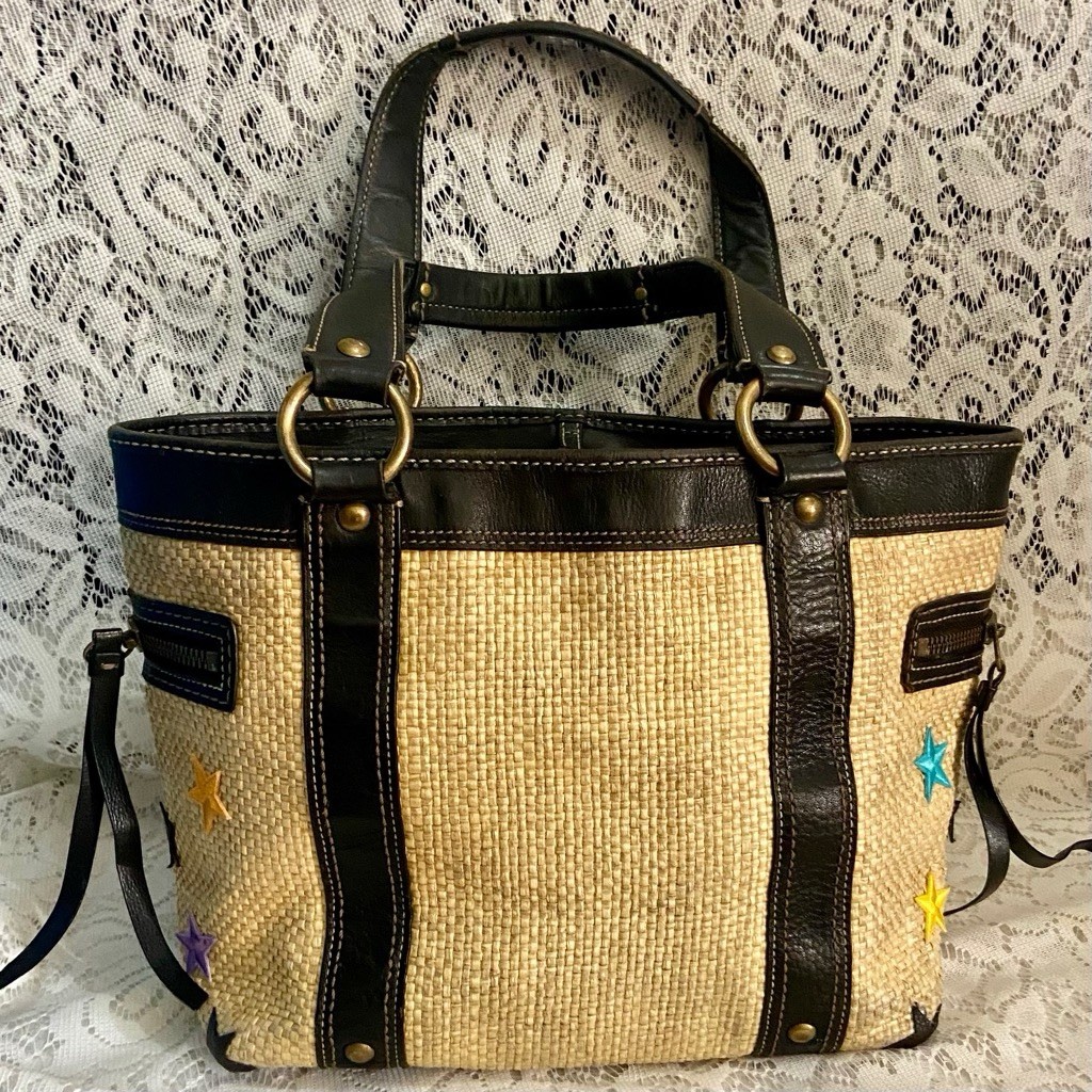 Coach Legacy 113, Beige Straw- Black Leather Trim Satchel- Shoulder Bag