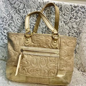Coach Poppy-16706 Beige Textured Straw Signature-Gold Trim Summer Handbag