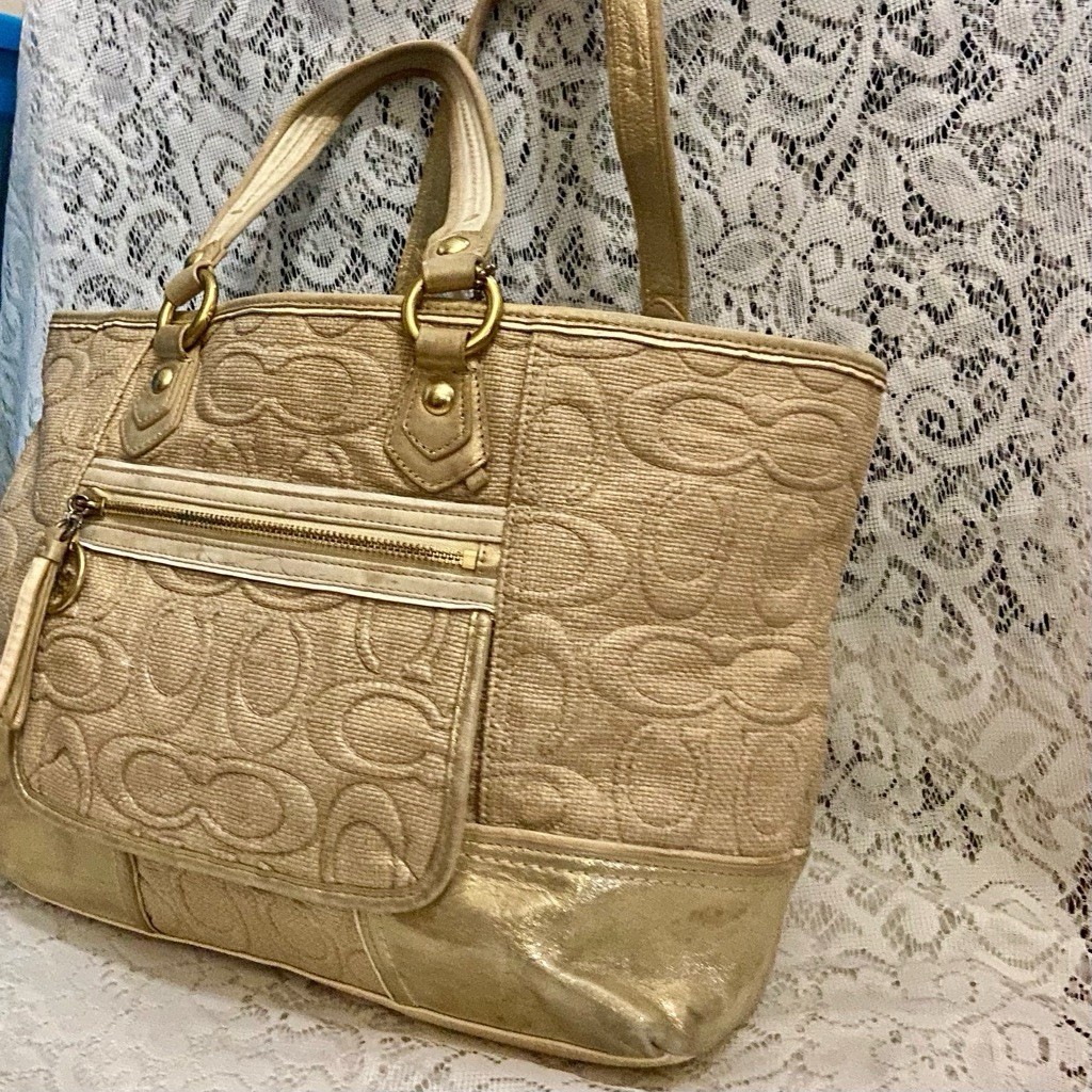Coach Poppy-16706 Beige Textured Straw Signature-Gold Trim Summer Handbag