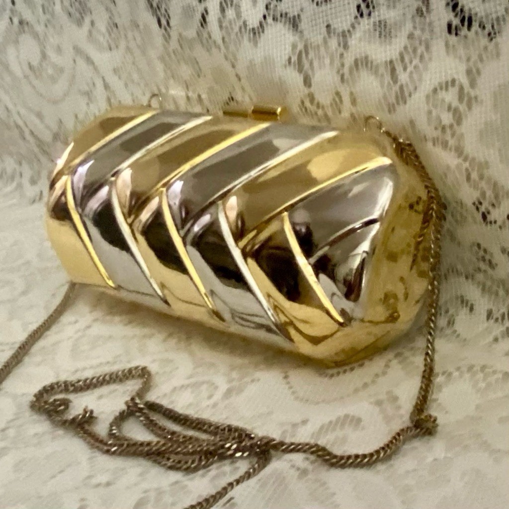 Vintage, Boxy Gold-Silver Chevron Crossbody 7in x 4in x 1.5in
