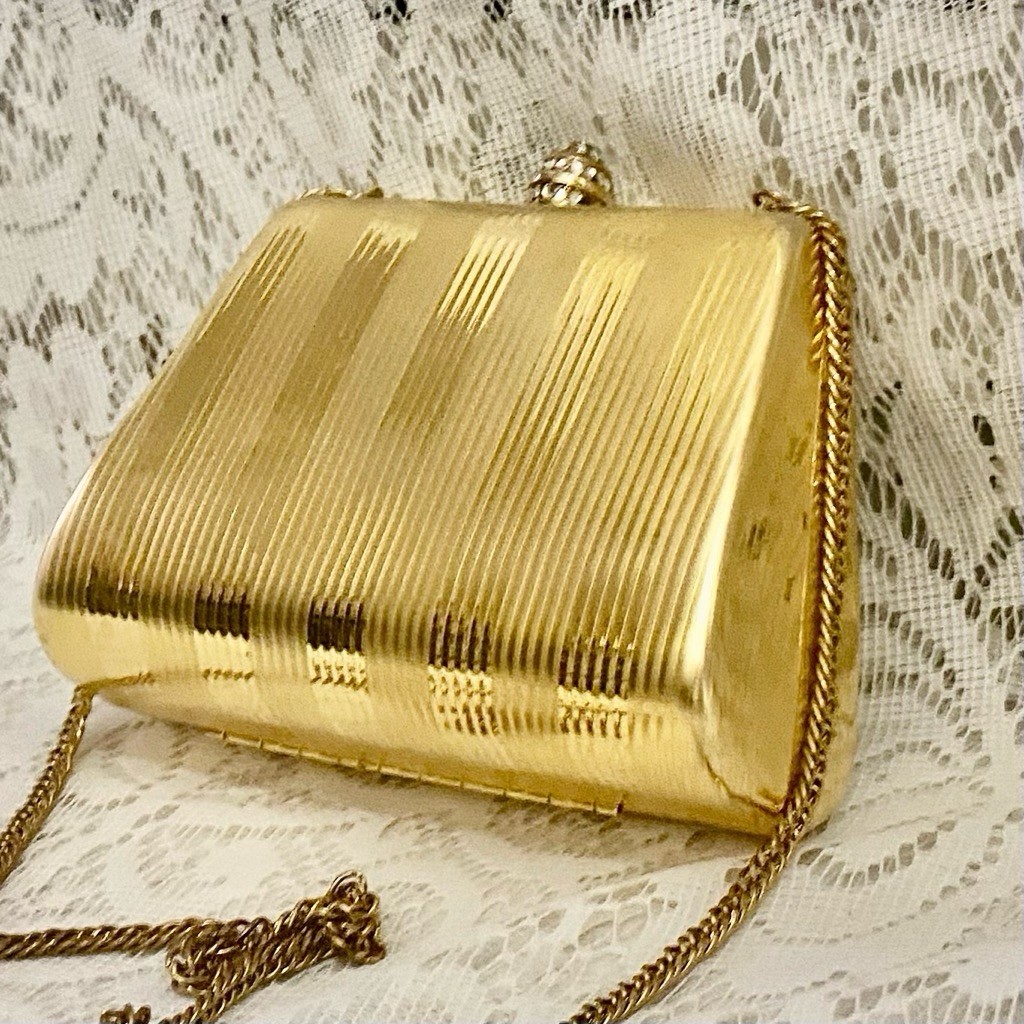 Vintage, Boxy Gold-Metal Clutch Crossbody 6in x 4in x 2.5in