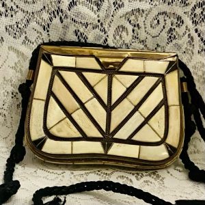 Vintage, Brass Metal Purse- Crossbody with White Agate Tiles 7.5in x 5in x 2.5i