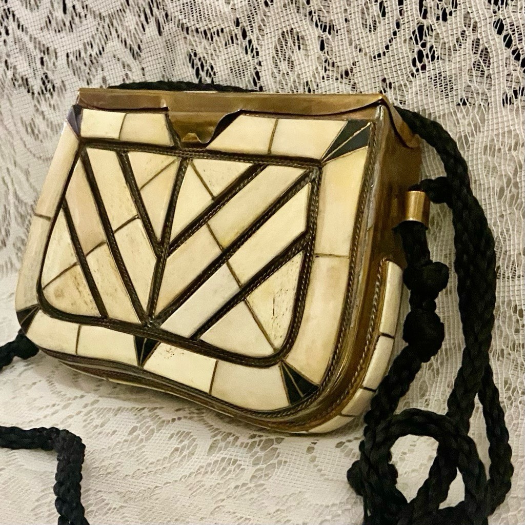 Vintage, Brass Metal Purse- Crossbody with White Agate Tiles 7.5in x 5in x 2.5i