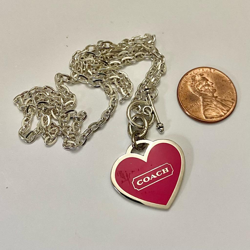 Coach, Shocking Pink Heart Enamel Silver Tone Pendant Necklace