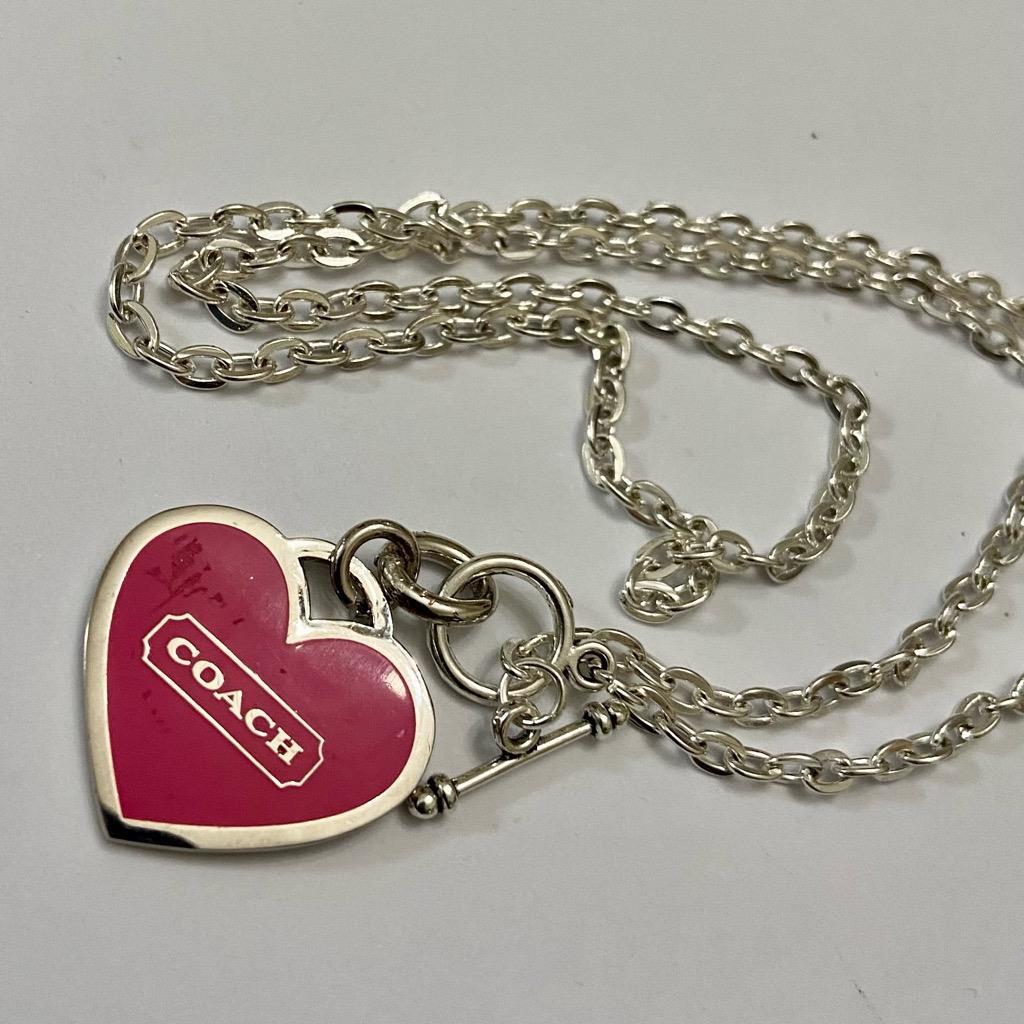 Coach, Shocking Pink Heart Enamel Silver Tone Pendant Necklace