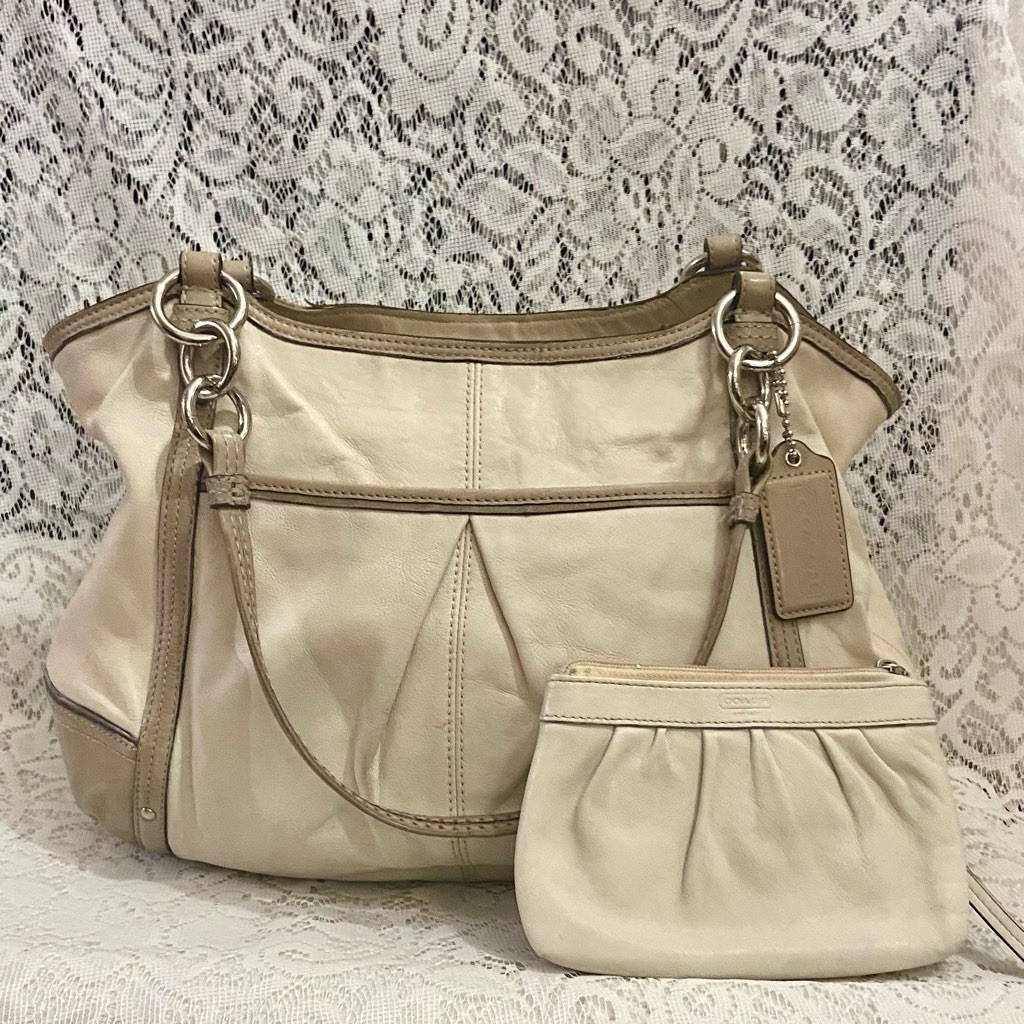 Coach -16739 Alexandra Large Beige- Tan Gray Leather Hobo Bag w/ Wristlet (2010)