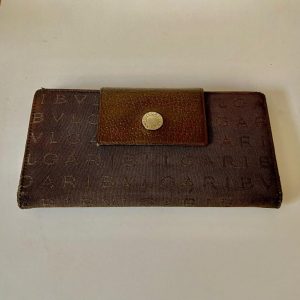 Authentic Bulgari Dark Brown Mono Canvas Tri-fold Long Wallet 7.5in x 4in