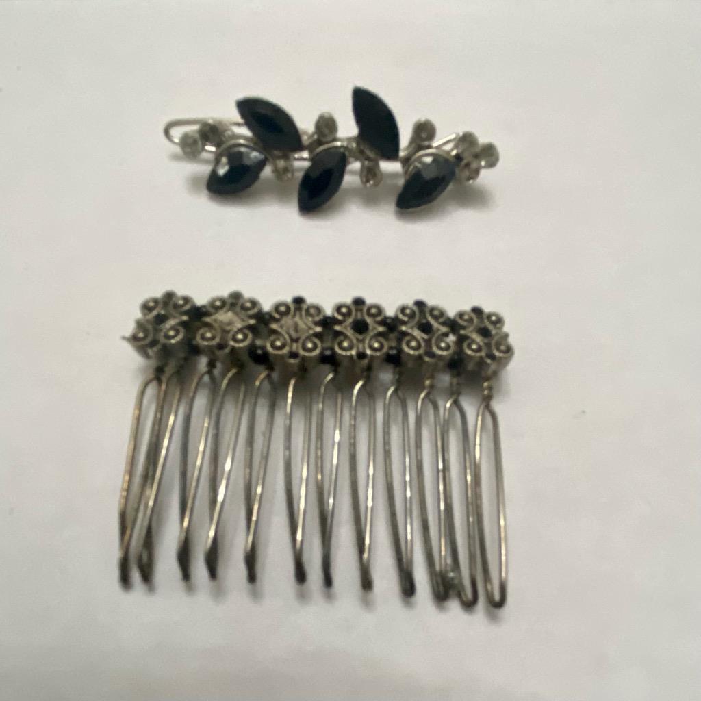 Vintage, Lot of 2, Black and Silver Barrette and Hair Comb