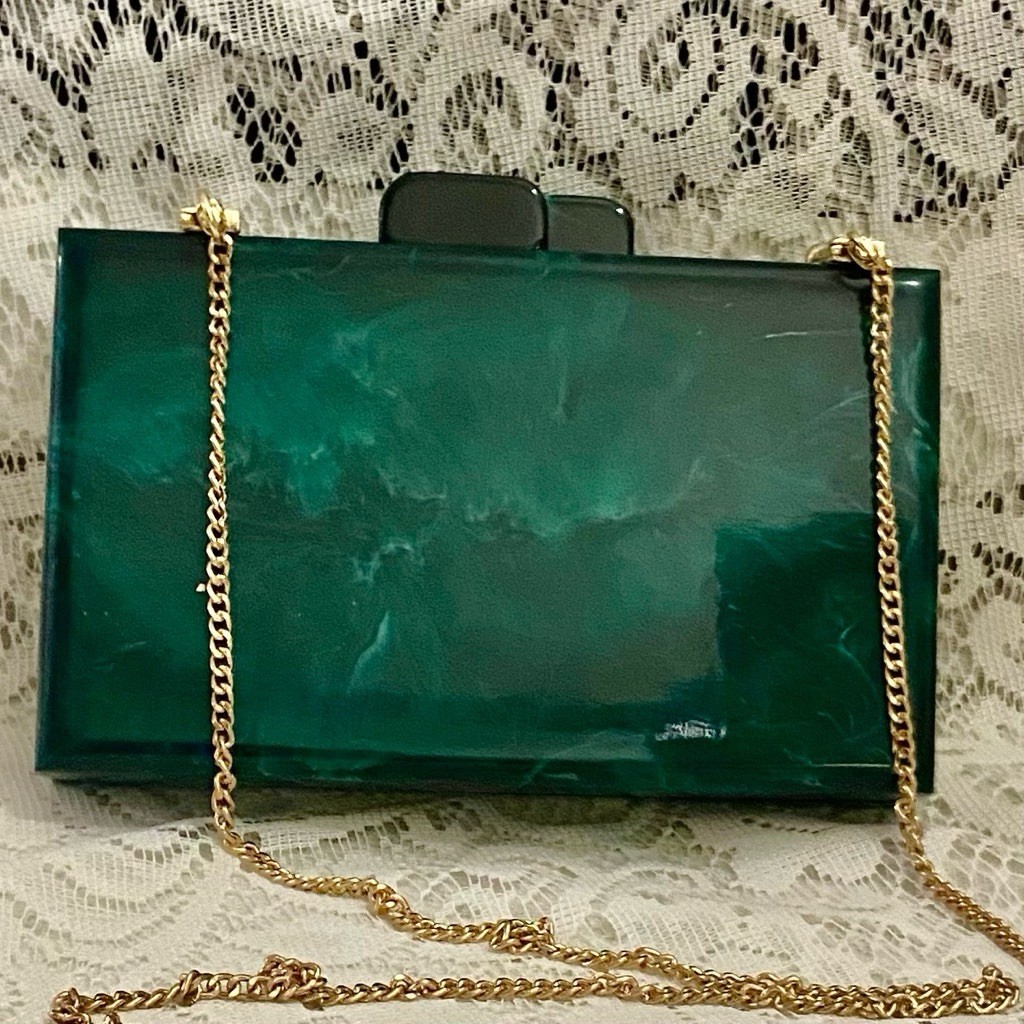 Antique-Art Deco Elegant Teal Green Lucite Clutch-Crossbody Bag 7.5in x 4.5in x